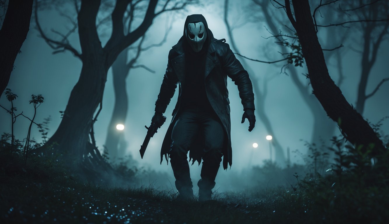 Seorang pembunuh misterius berdiri di hutan gelap yang berkabut dengan senjata tajam, siap mengejar.