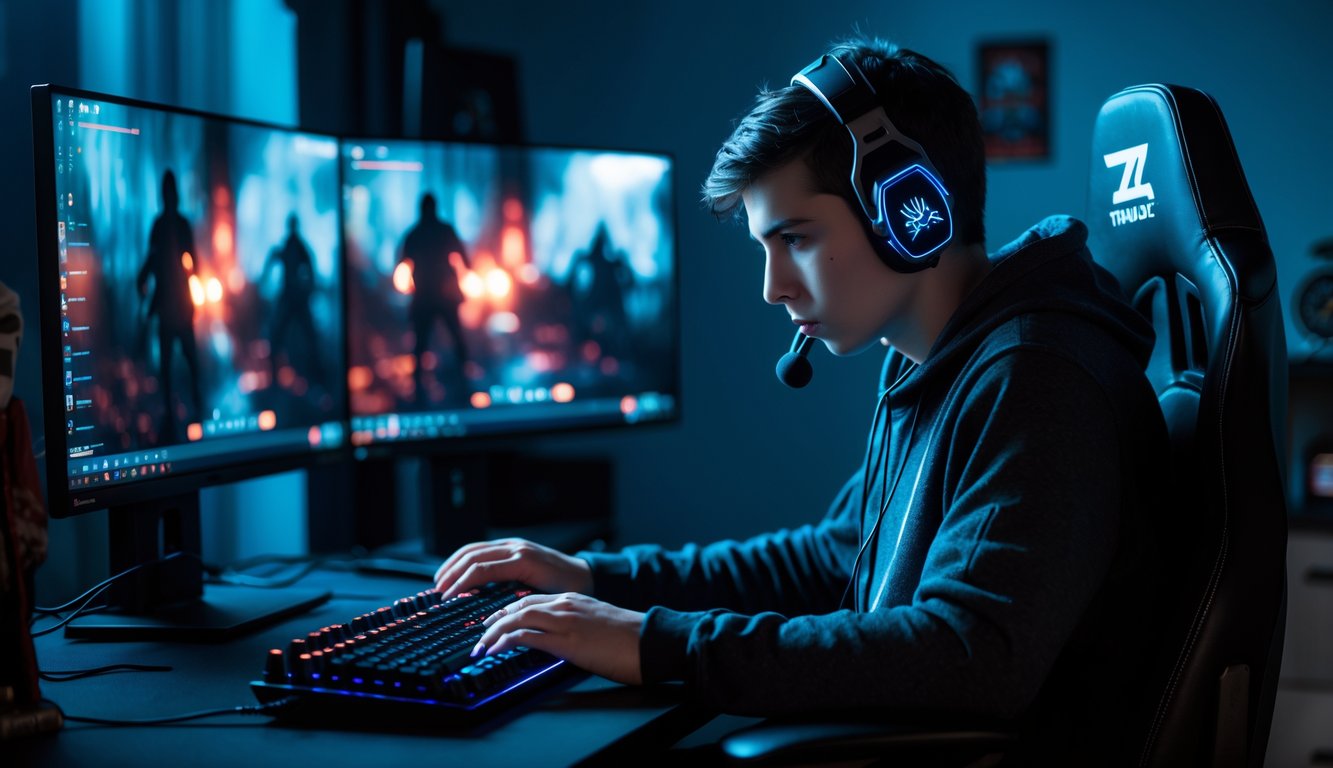 Seorang pemain muda fokus bermain video game horor di meja dengan dua monitor dan perlengkapan gaming di ruangan dengan pencahayaan redup.