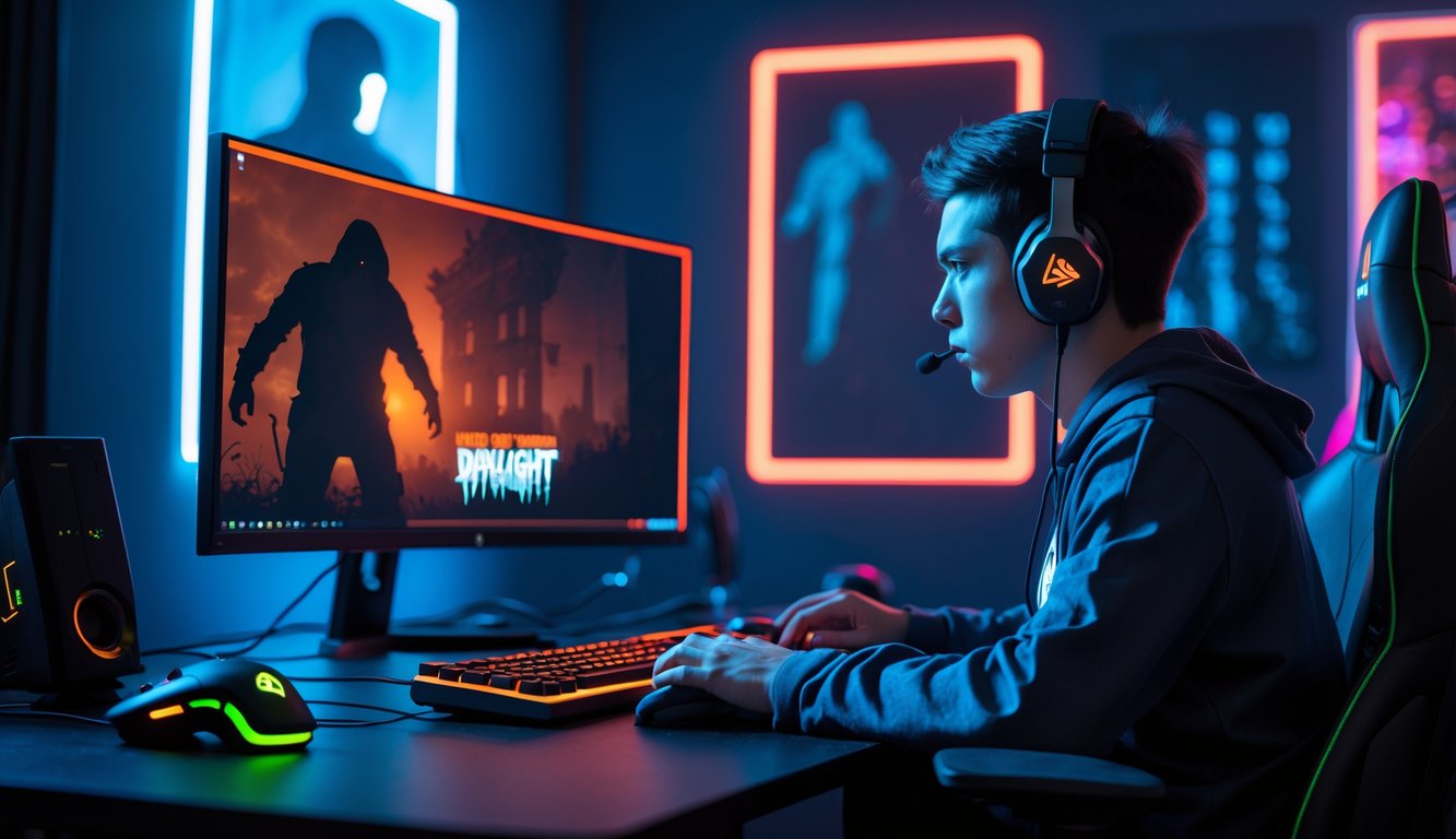 Seorang pemain muda sedang serius bermain game Dead by Daylight di depan komputer dengan suasana ruangan gelap dan lampu LED warna-warni.