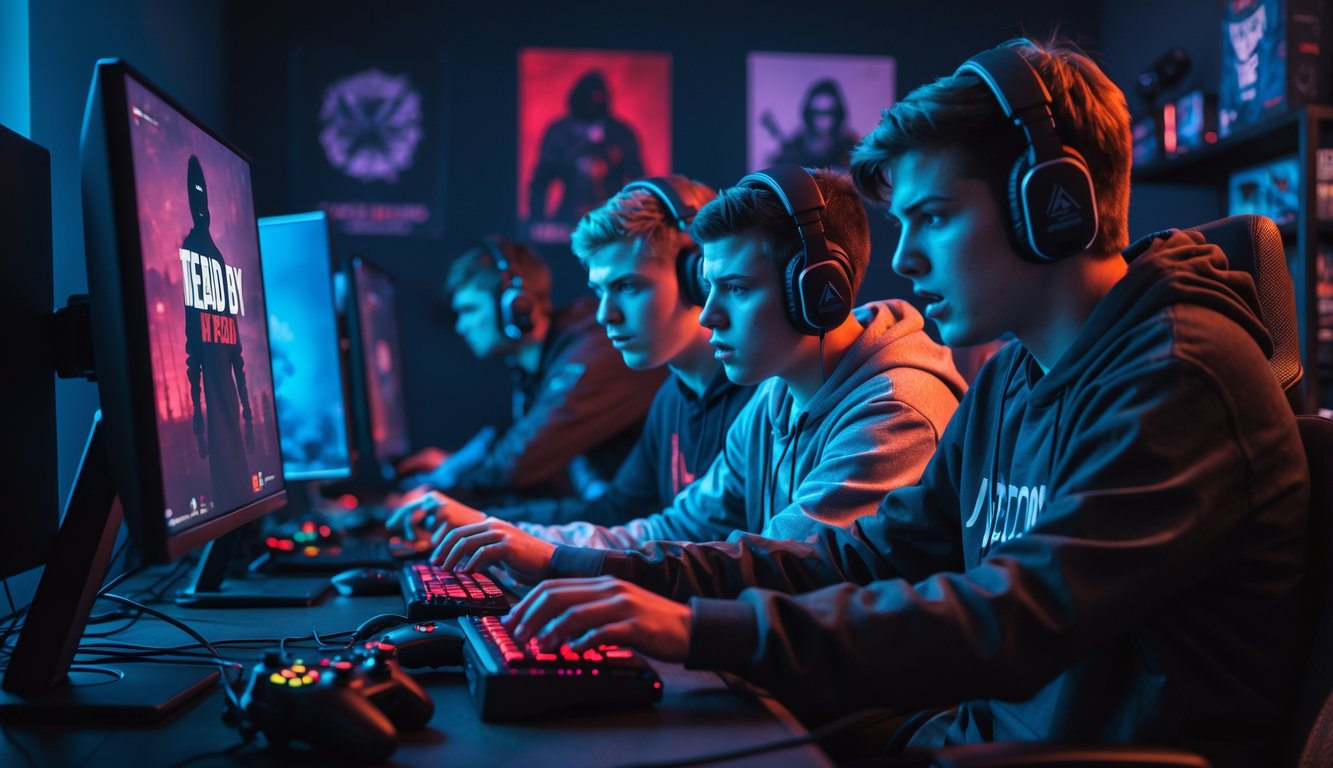 Sekelompok orang muda sedang bermain video game dengan serius di ruangan gelap dengan pencahayaan merah dan biru, satu pemain terlihat frustrasi sementara yang lain memberi saran.