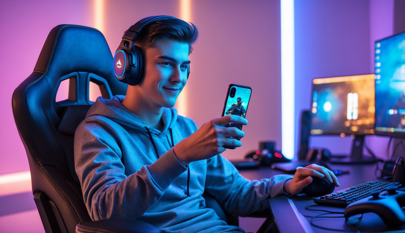 Seorang pria muda sedang bermain Call of Duty Mobile dengan serius di depan ponsel dalam ruangan gaming yang rapi.