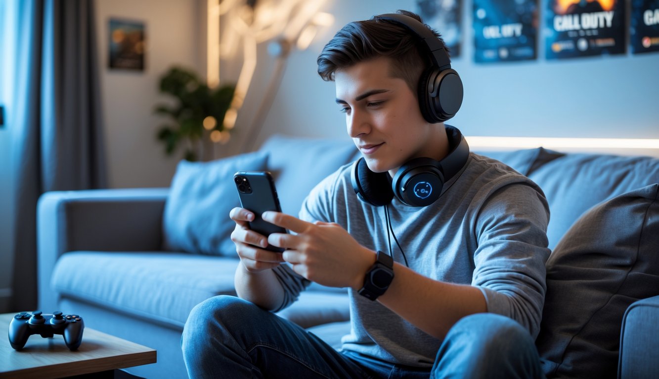 Seorang pria muda duduk di ruang tamu sambil bermain Call of Duty Mobile di ponsel dengan fokus.