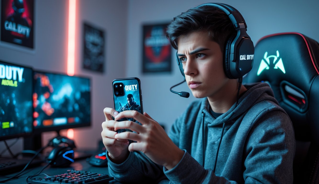 Seorang pemain muda fokus memainkan Call of Duty Mobile menggunakan smartphone di dalam ruangan dengan peralatan gaming di sekitarnya.