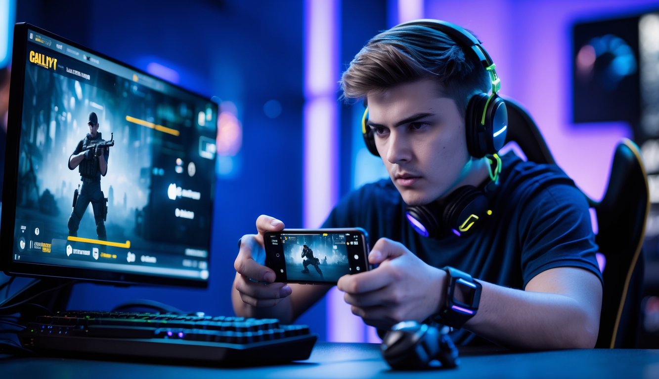 Seorang pria muda fokus bermain Call of Duty Mobile dengan ponsel di lingkungan gaming yang terang dan modern.