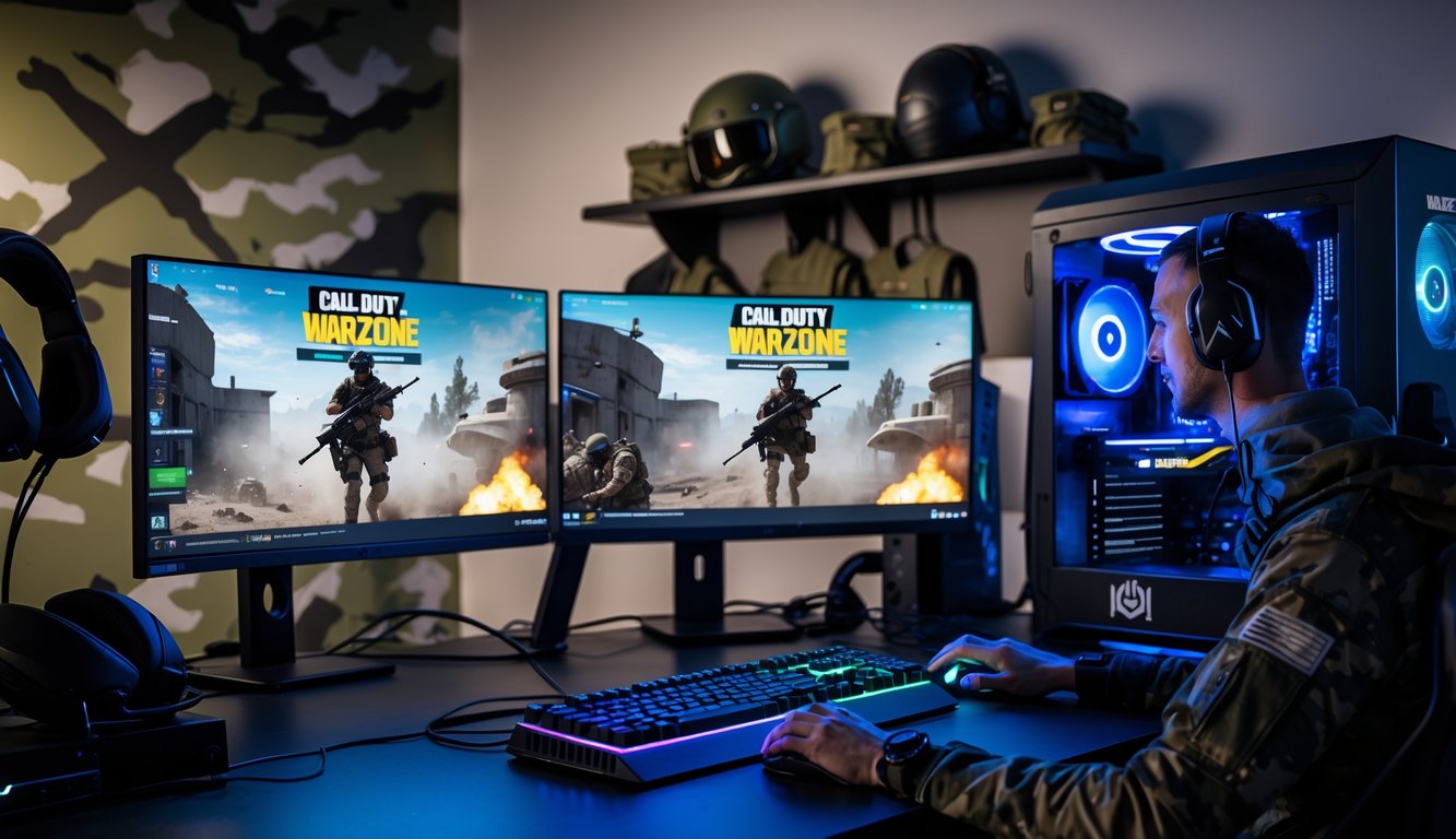 Seorang gamer profesional sedang bermain Call of Duty Warzone di komputer dengan dua layar dan perlengkapan gaming di sekitarnya.