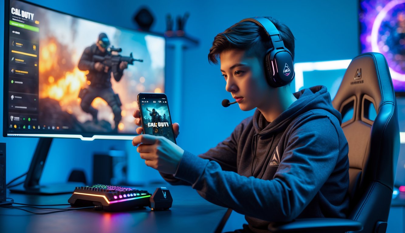 Seorang pemain muda yang fokus sedang mengatur sensitivitas pada ponsel saat bermain Call of Duty Mobile di lingkungan gaming yang modern.