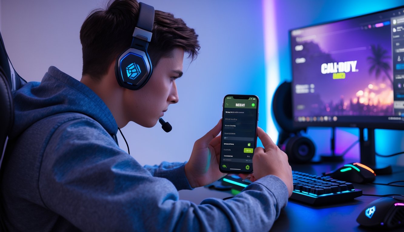 Seorang pria muda fokus bermain Call of Duty Mobile di ponsel dengan pengaturan sensitivitas terbuka di ruangan gaming yang rapi.
