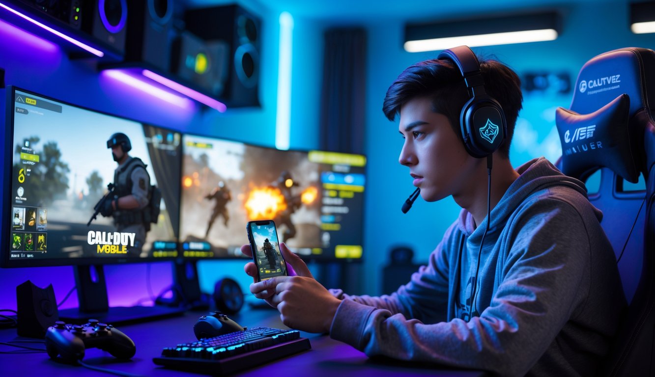 Seorang gamer muda yang fokus bermain Call of Duty Mobile di ponsel dengan setup gaming modern di dalam ruangan.