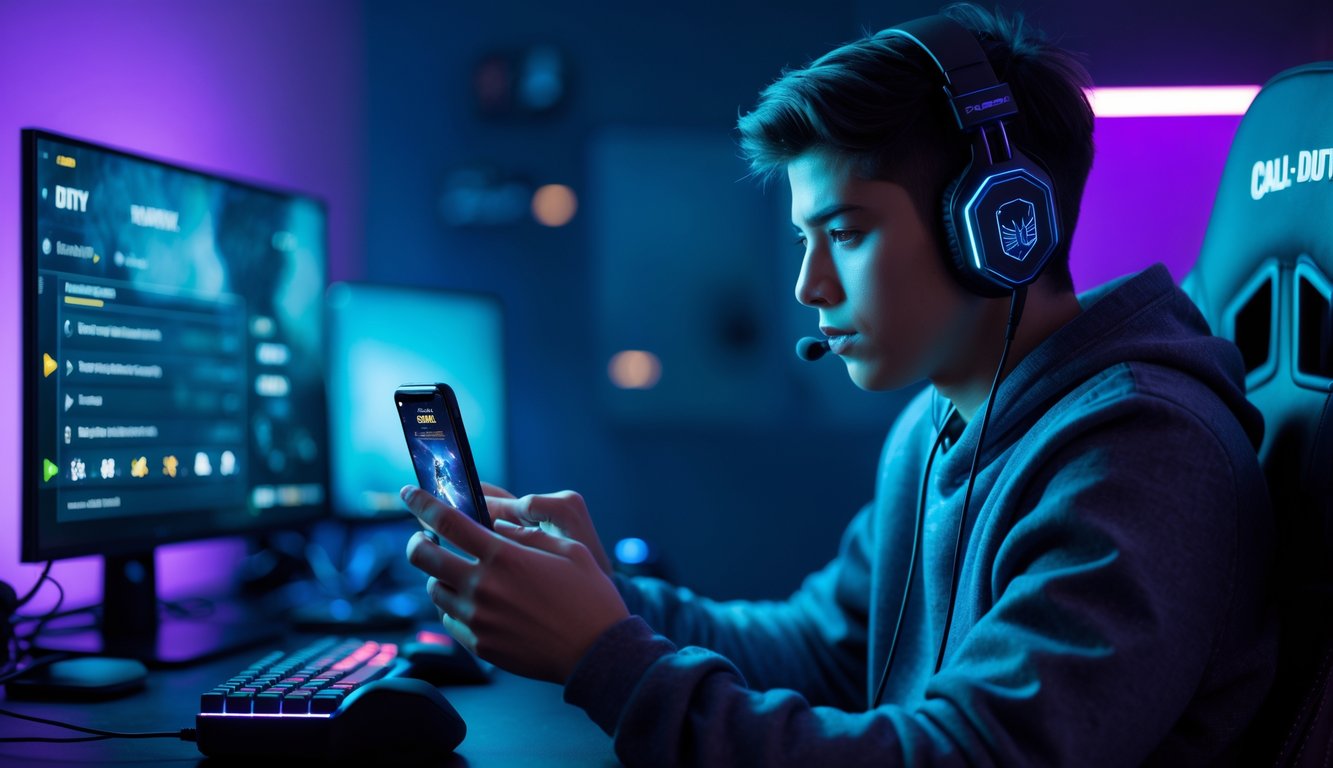 Seorang pemain muda fokus bermain game Call of Duty Mobile di ponsel dalam ruangan gaming dengan pencahayaan biru dan ungu.