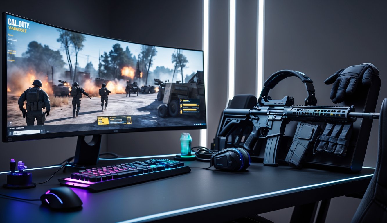 Sebuah setup gaming modern dengan monitor besar menampilkan adegan pertempuran Call of Duty Warzone dan perlengkapan militer di meja.