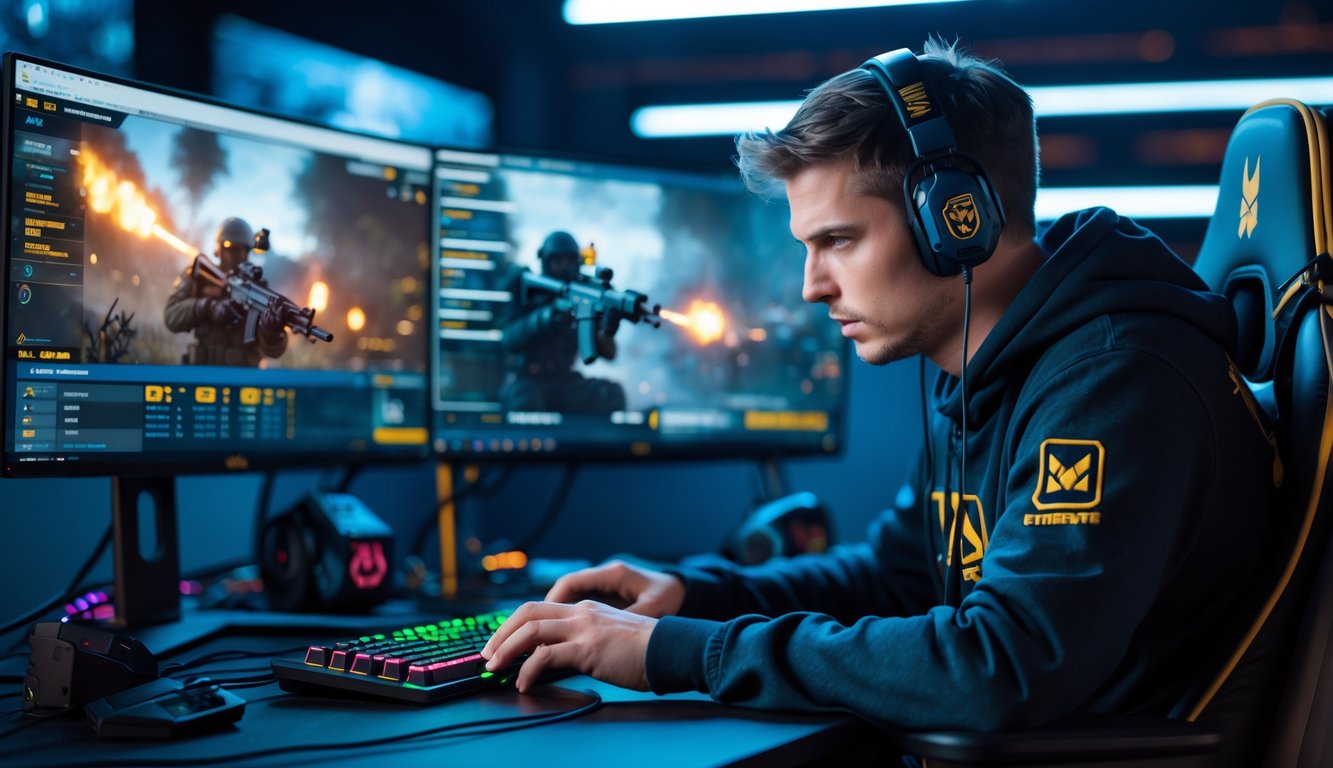 Seorang pemain game sedang mengatur perlengkapan senjata di depan komputer dengan layar menampilkan permainan Call of Duty Warzone.