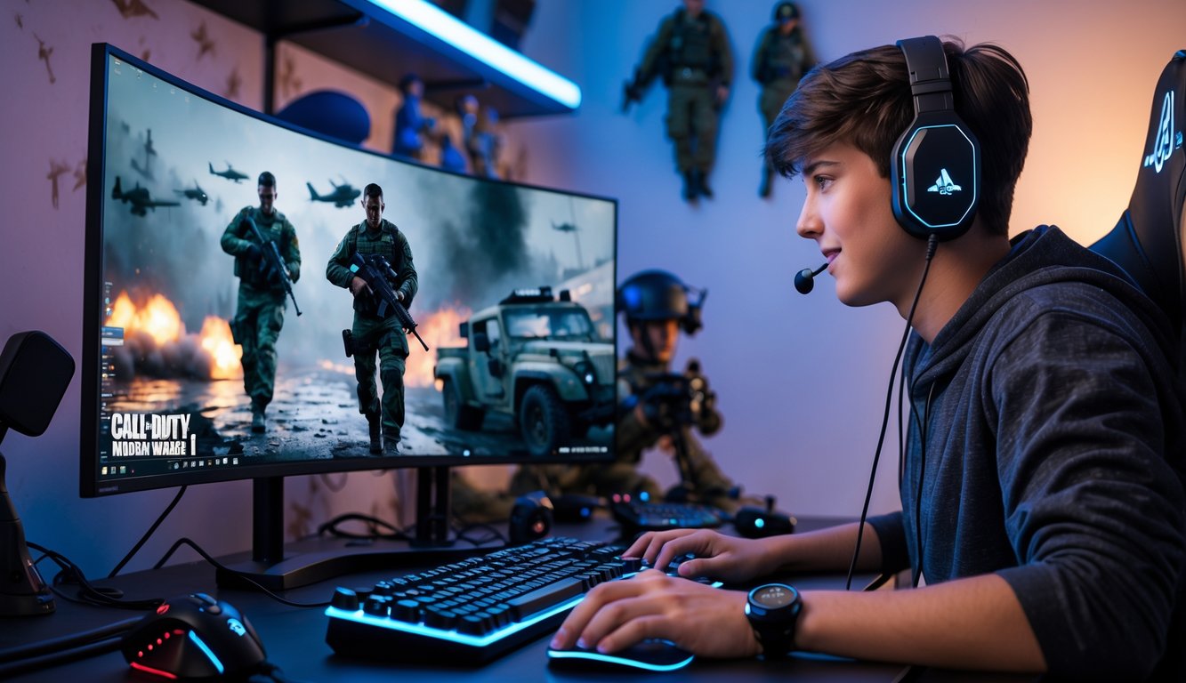 Seorang pemain muda sedang fokus bermain Call of Duty Modern Warfare II di kamar game dengan peralatan gaming lengkap.