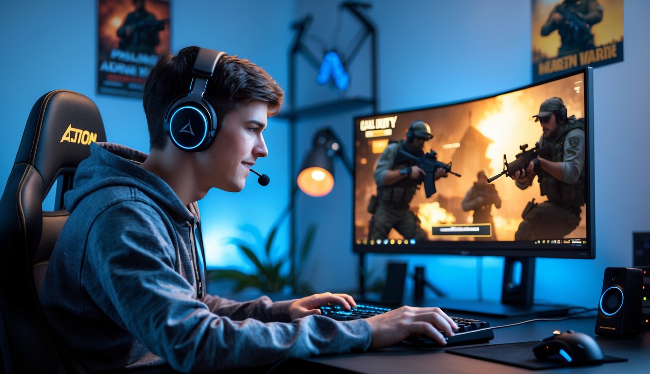 Seorang pemain muda sedang bermain video game tembak-menembak di meja komputer dengan monitor besar dan headset gaming.