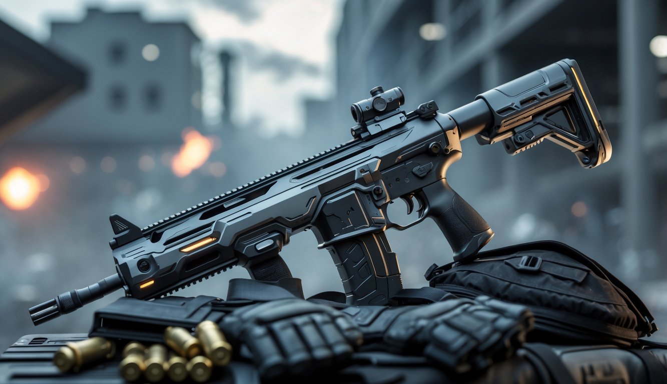 Senjata terbaru dari Call of Duty Mobile diletakkan di atas perlengkapan tempur dengan latar belakang medan pertempuran perkotaan.