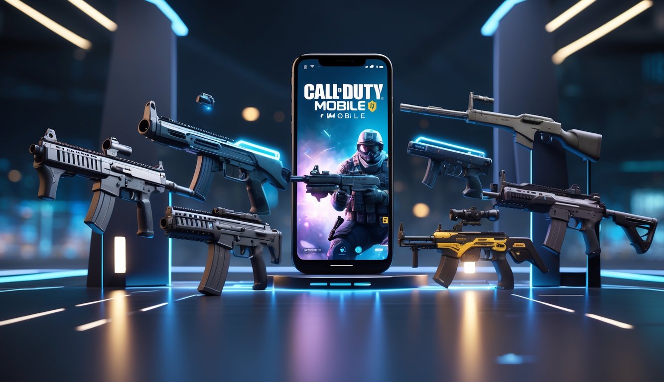Tampilan berbagai senjata terbaru dan canggih dari permainan Call of Duty Mobile dalam suasana latar belakang permainan yang gelap dan futuristik.
