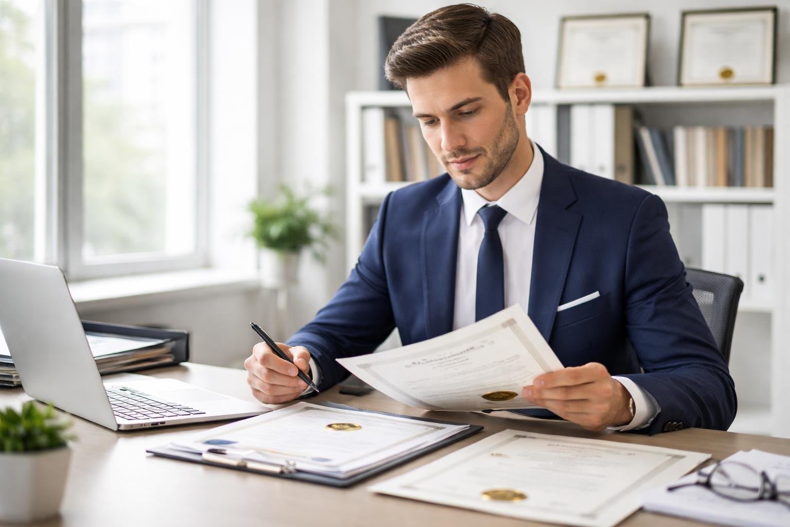 مرد جوانی در دفتر کار مدرن در حال بررسی مدارک تحصیلی معتبر است.