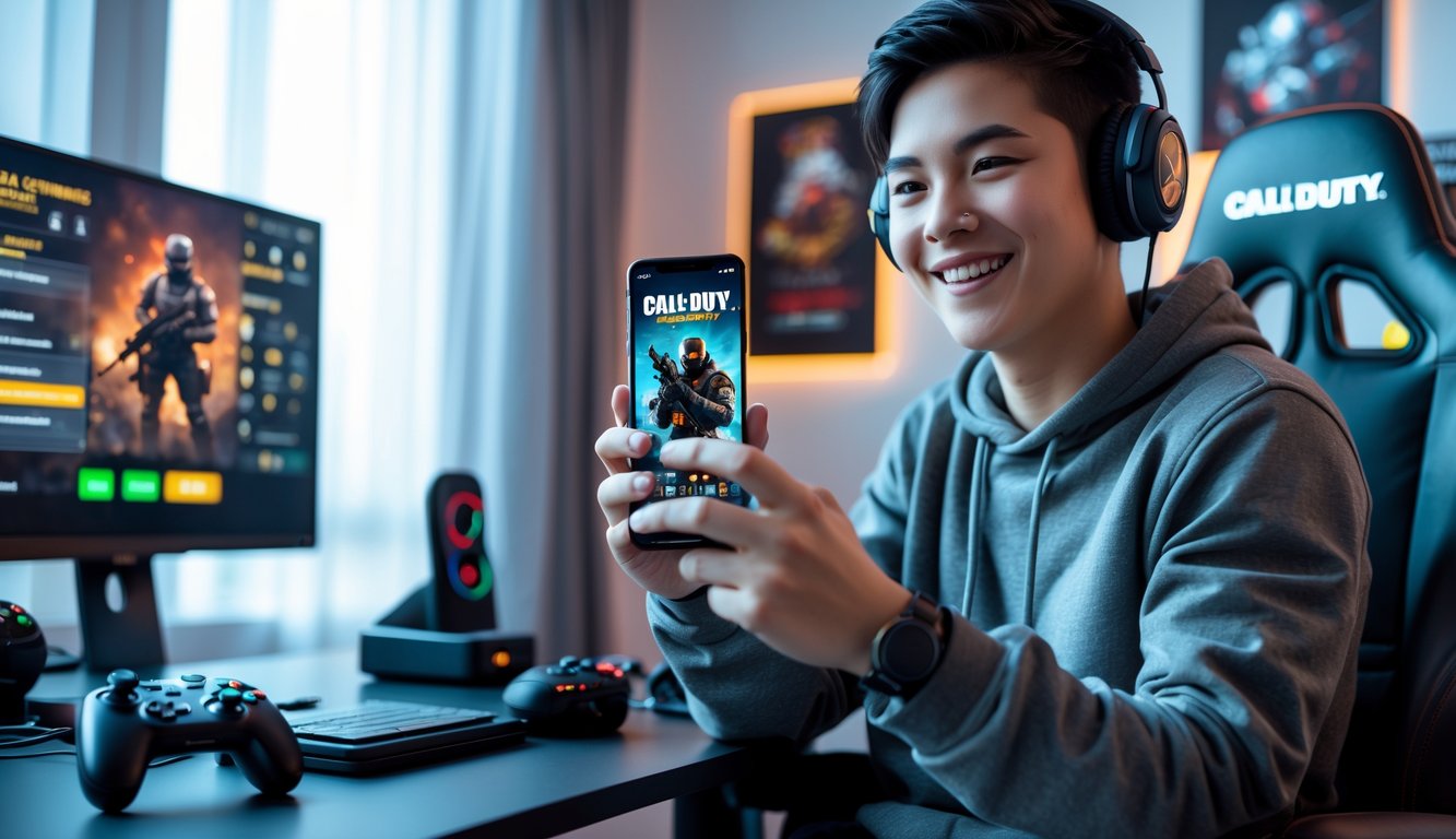 Seorang pemain muda duduk di ruangan modern sambil memegang ponsel yang menampilkan permainan Call of Duty Mobile dengan karakter berwarna-warni di layar.
