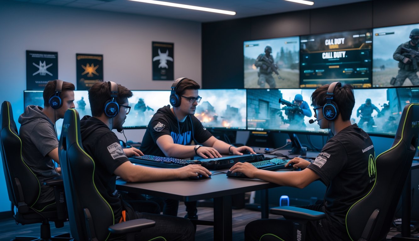 Empat pemain sedang bermain Call of Duty Warzone bersama di sebuah ruangan gaming dengan peralatan lengkap dan suasana fokus.