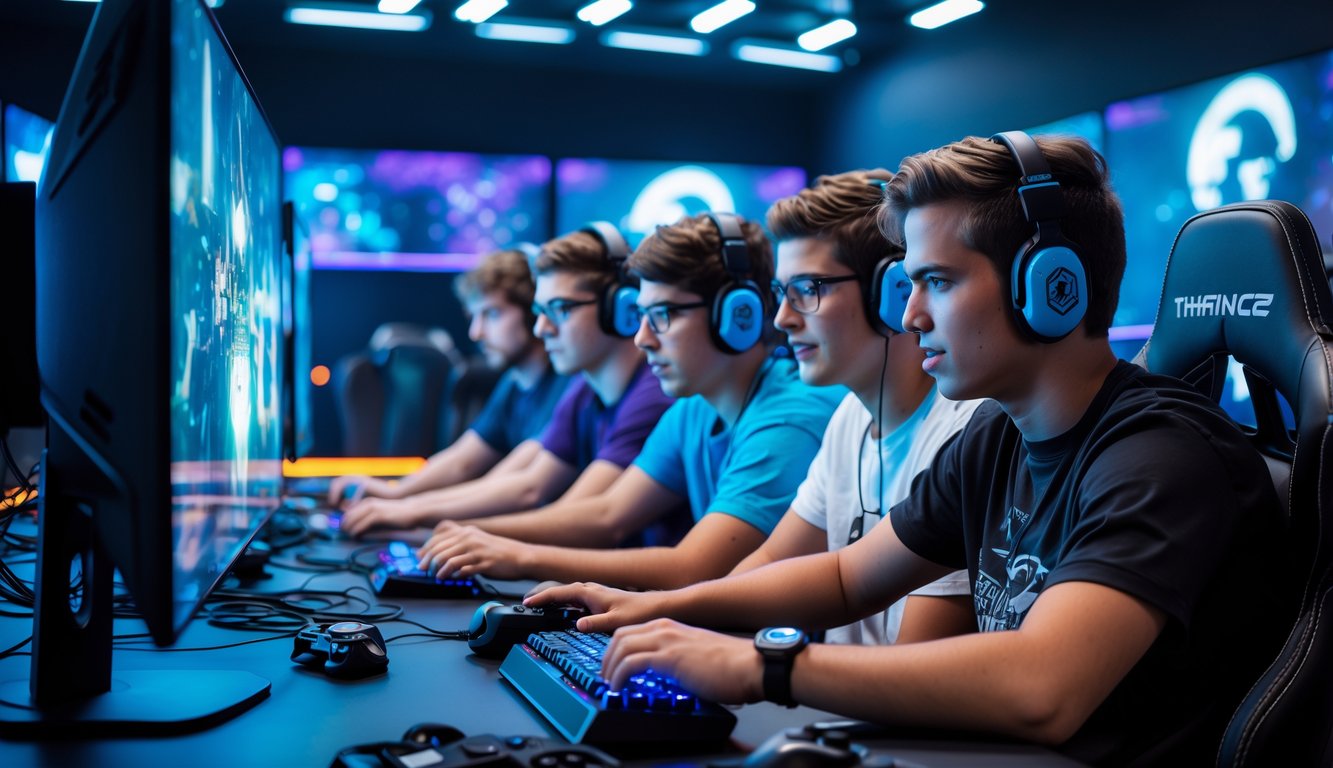 Sekelompok orang muda sedang bermain video game tim bersama di ruang permainan dengan monitor besar dan peralatan gaming.