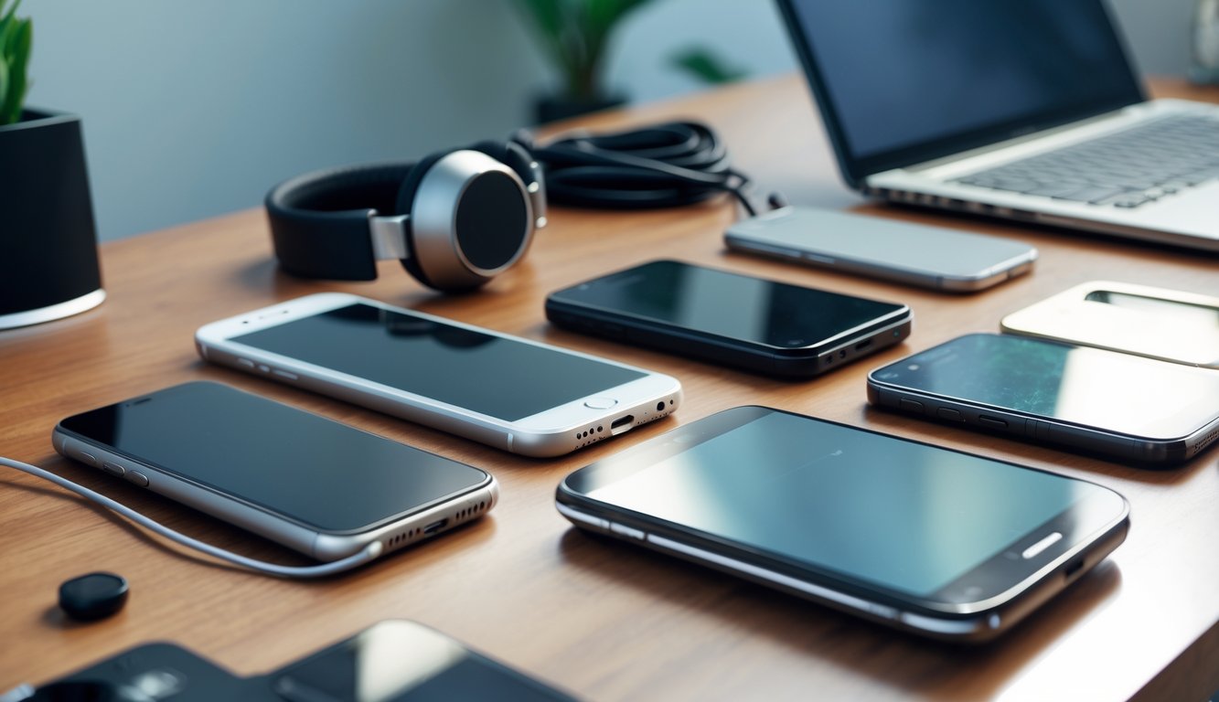 Meja kerja dengan beberapa jenis ponsel pintar berbeda yang tertata rapi bersama aksesori seperti headphone dan kabel pengisi daya.
