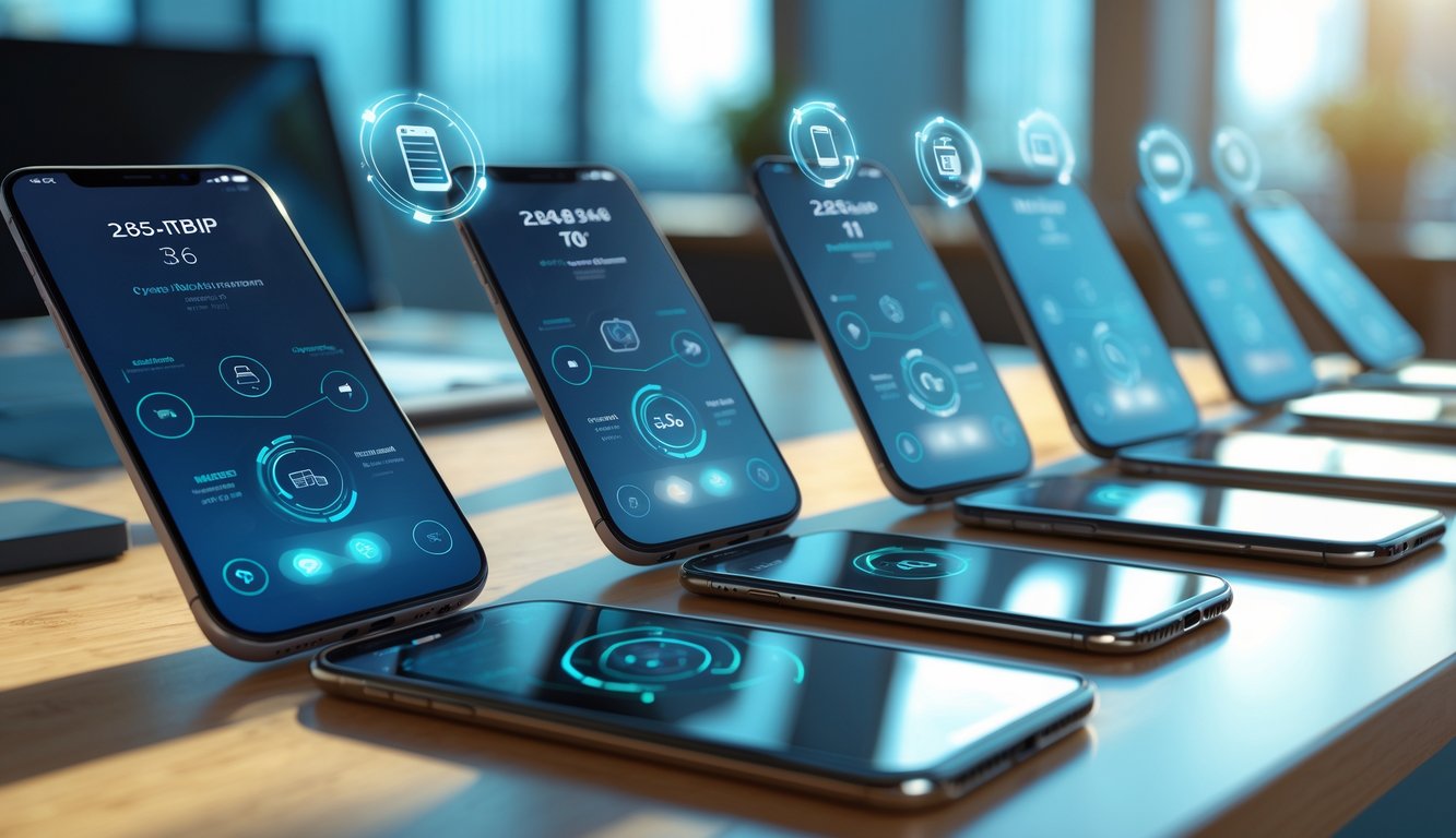 Beberapa ponsel cerdas tertata rapi di atas meja kayu dengan ikon-ikon spesifikasi teknis mengambang di atasnya di dalam ruang kantor yang terang.