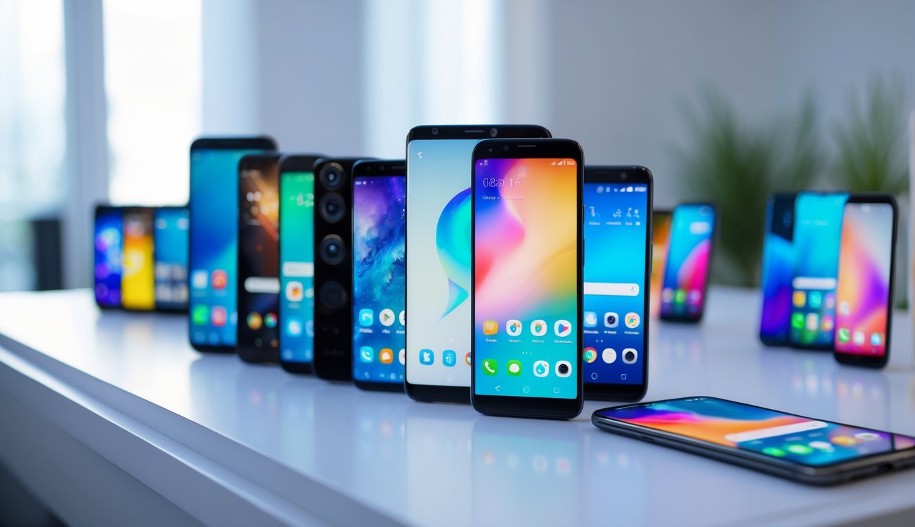 Beberapa ponsel Android modern dengan layar menyala ditata rapi di atas meja putih.