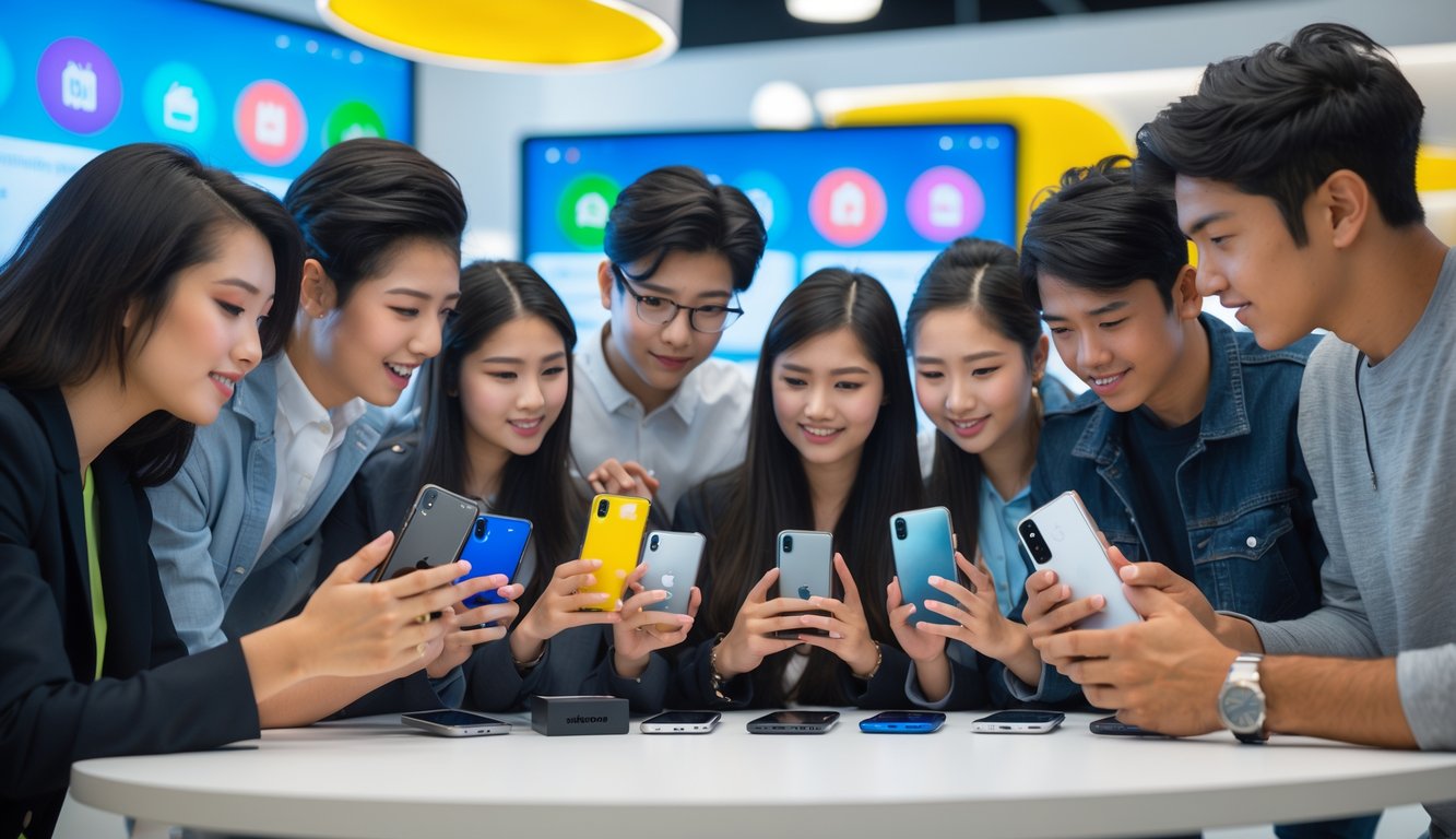 Beberapa orang muda sedang memegang dan melihat berbagai jenis ponsel Android di sebuah ruang modern.