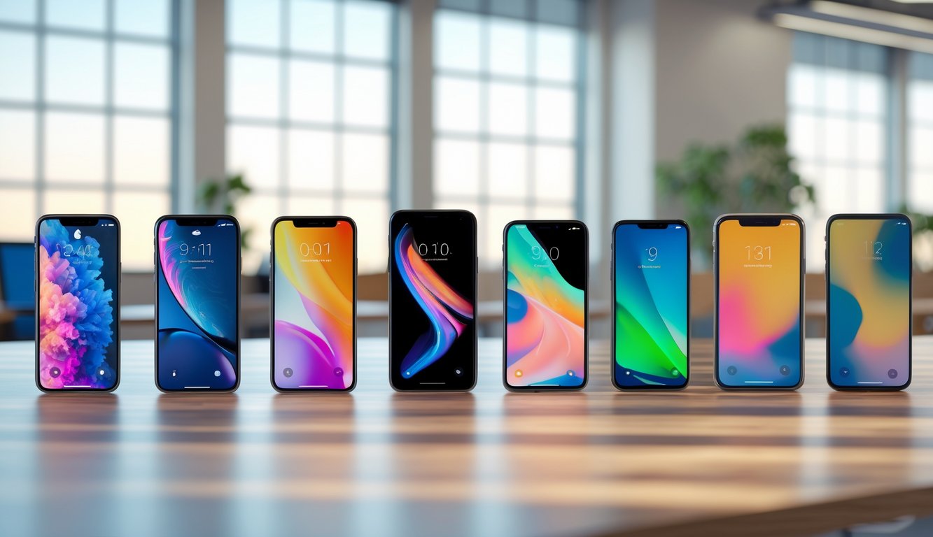 Beberapa ponsel pintar tersusun rapi di atas meja kayu dengan latar belakang kantor yang terang.