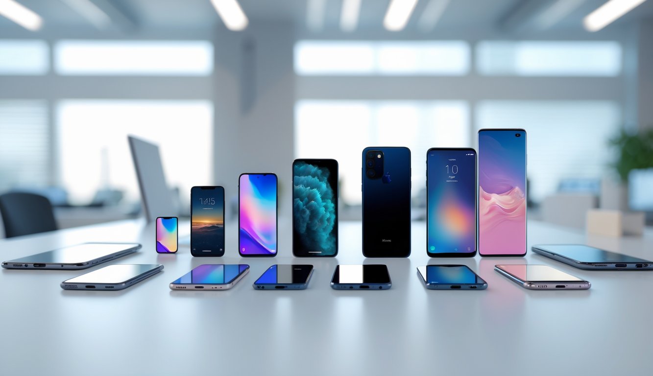 Beberapa ponsel pintar tersusun rapi di atas meja putih, menunjukkan berbagai jenis dari harga murah hingga flagship.