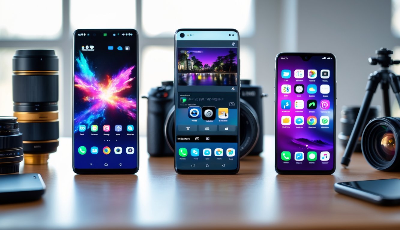 Tiga jenis smartphone berbeda di atas meja kayu, masing-masing mewakili HP gaming, kamera, dan penggunaan harian dengan latar belakang ruang kerja yang terang.