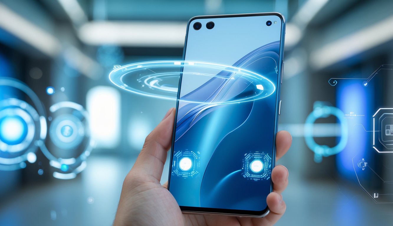 Seorang pria memegang smartphone futuristik dengan layar besar dan elemen holografik di lingkungan teknologi modern.