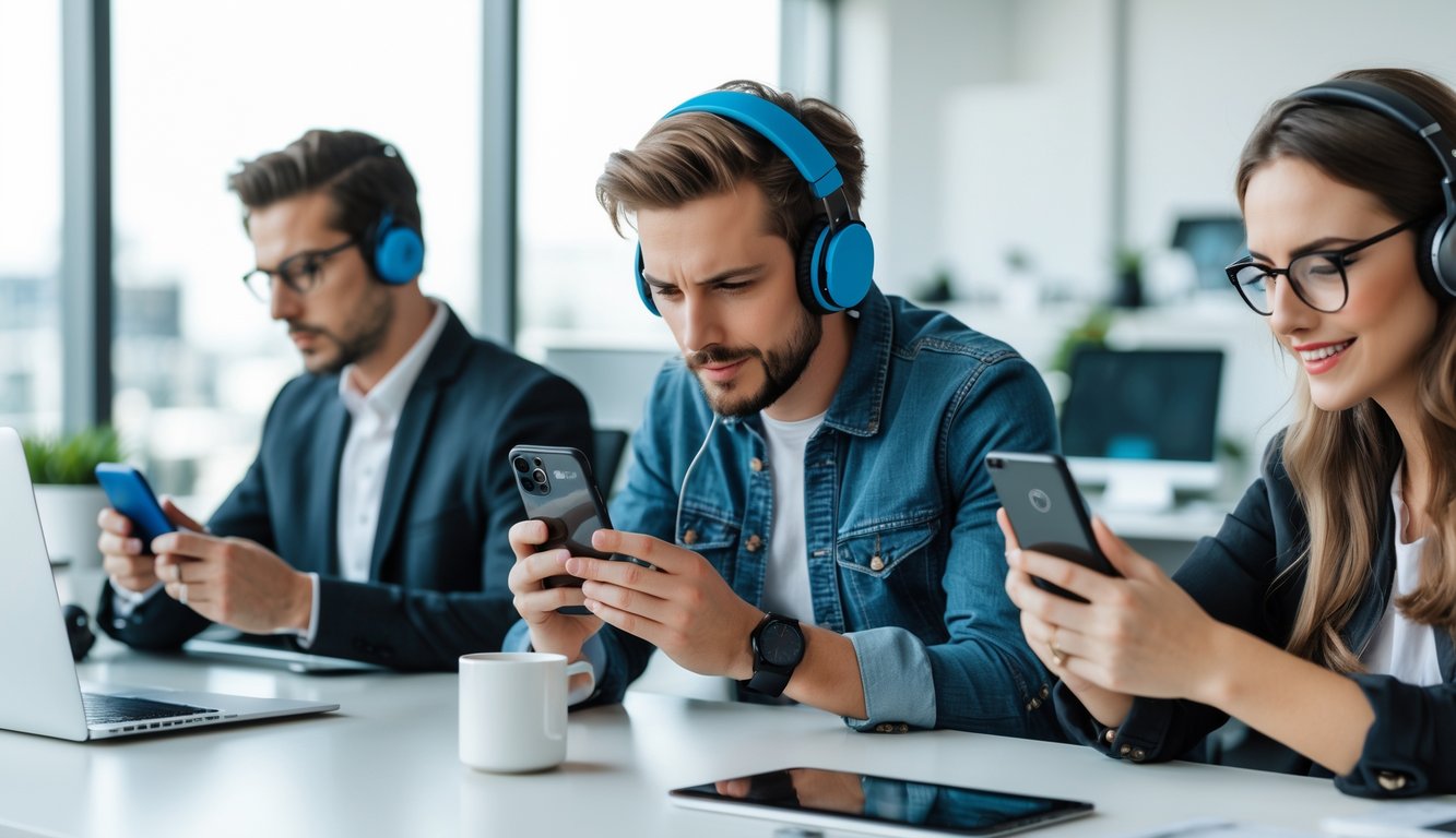 Tiga orang menggunakan ponsel di ruang kerja modern, satu untuk kerja, satu untuk bermain game, dan satu untuk membuat konten.