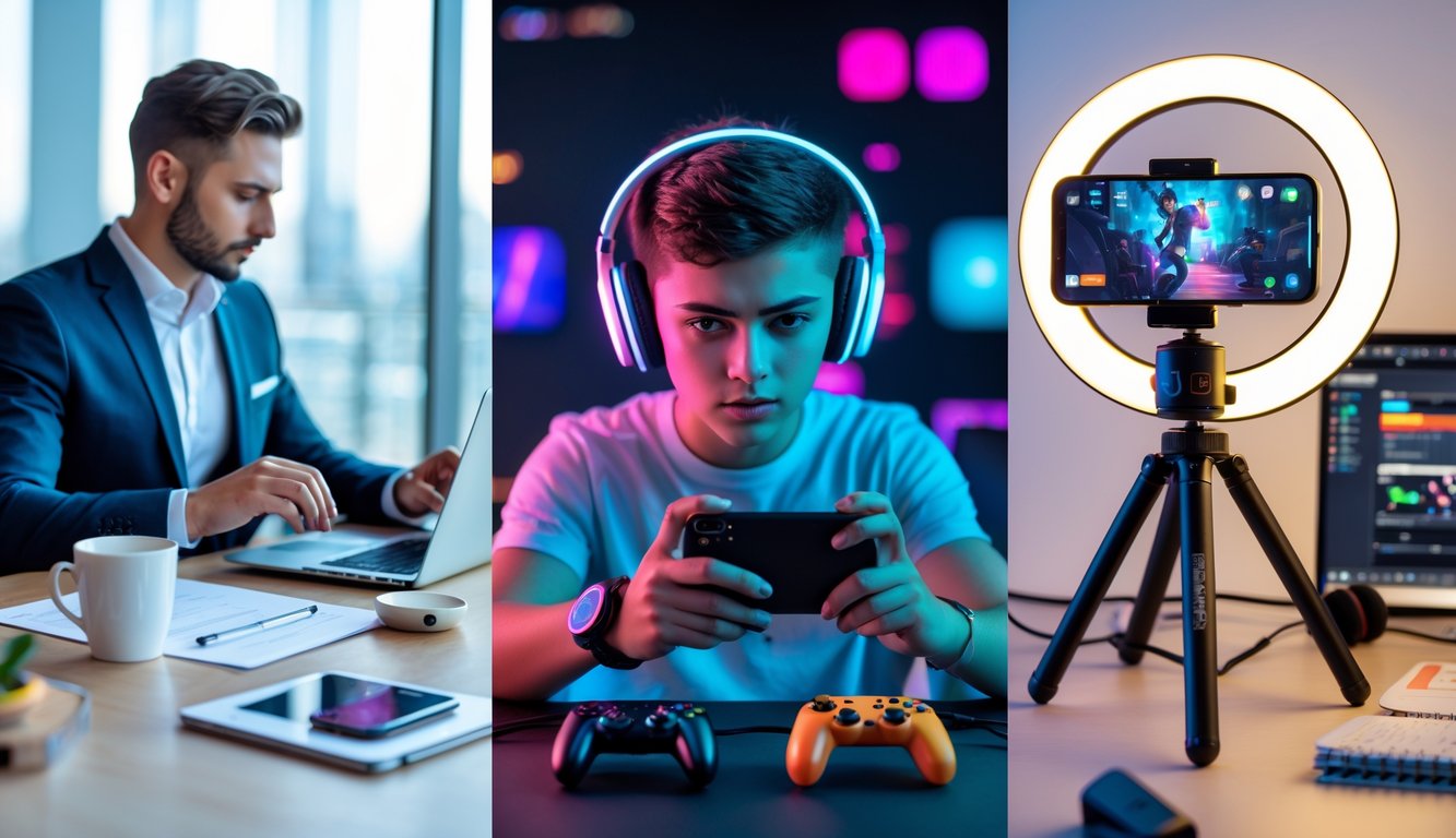 Tiga orang di sebuah ruang kerja modern, satu sedang bekerja dengan laptop dan ponsel, satu sedang bermain game dengan ponsel dan headset, dan satu lagi sedang membuat konten dengan ponsel di tripod dan lampu cincin.