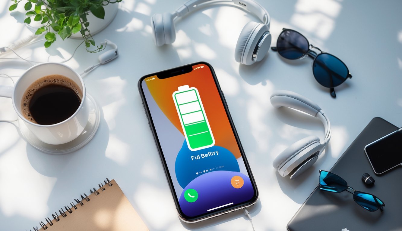 Smartphone dengan baterai penuh diletakkan di atas meja bersama cangkir kopi, buku catatan, headphone, jam tangan pintar, dan kacamata hitam.