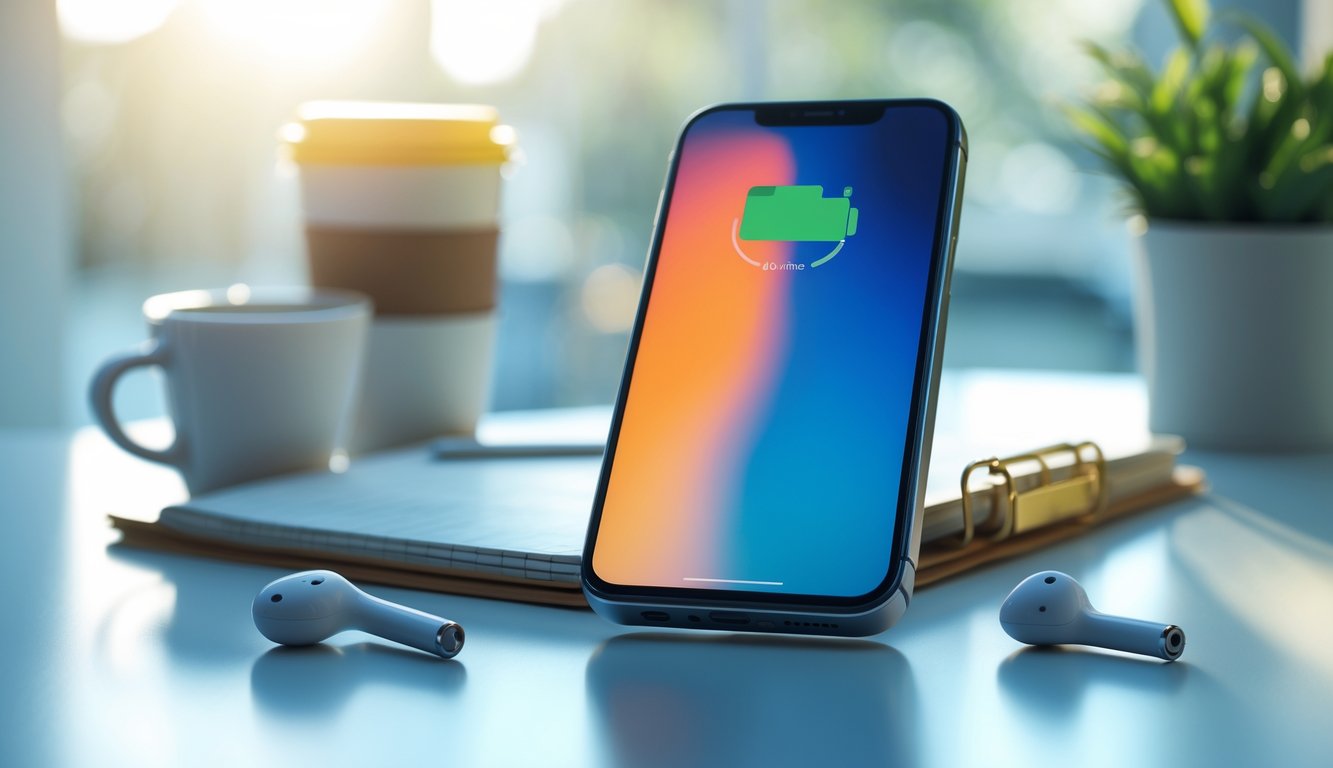 Smartphone modern dengan ikon baterai penuh di layar, diletakkan di atas meja dengan beberapa barang sehari-hari di sekitarnya.