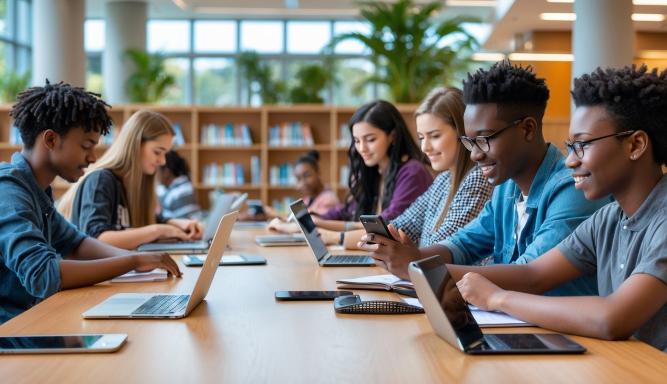 Sekelompok pelajar dan mahasiswa sedang belajar bersama di ruang studi dengan ponsel terjangkau dan laptop di atas meja.
