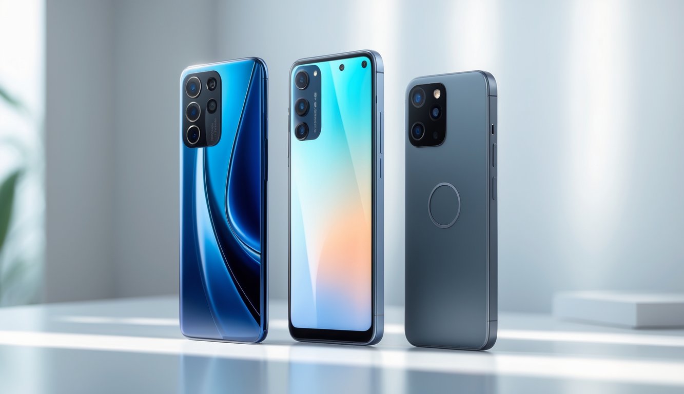 Tiga ponsel dengan ukuran dan desain berbeda yang menunjukkan kategori flagship, mid-range, dan entry-level, diletakkan berdampingan di atas permukaan putih.