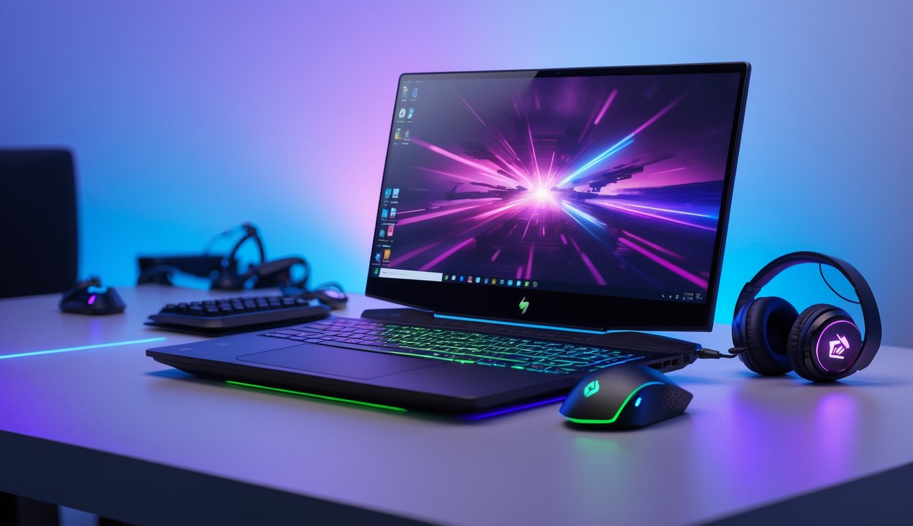 Sebuah laptop gaming modern dengan layar menampilkan grafik permainan yang hidup di atas meja dengan aksesori gaming di sekitarnya.