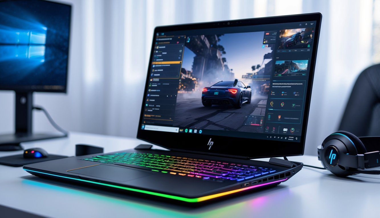 Laptop gaming HP modern dengan keyboard berlampu dan layar menampilkan permainan, diletakkan di atas meja dengan aksesori gaming di sekitarnya.