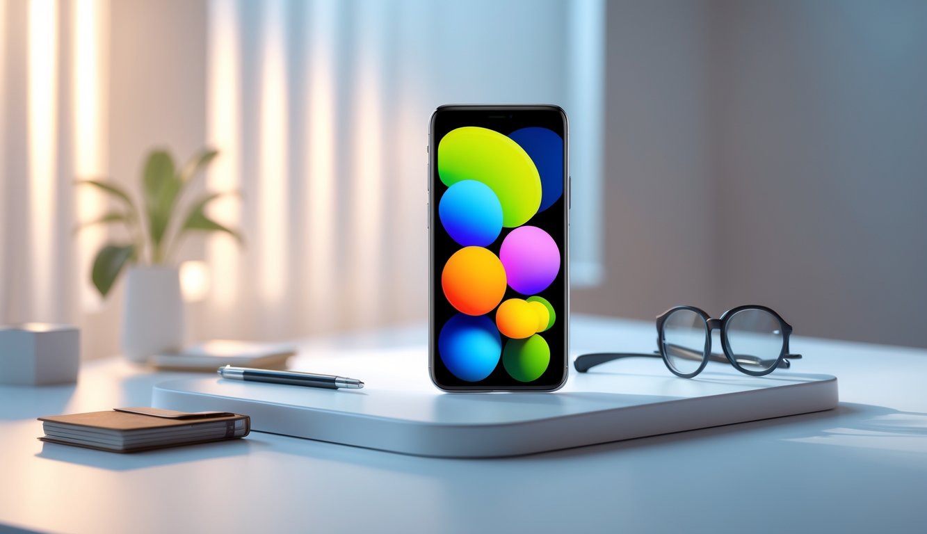 Sebuah smartphone modern dengan layar menampilkan aplikasi kamera, diletakkan di atas permukaan putih dengan beberapa alat tulis di sekitarnya.