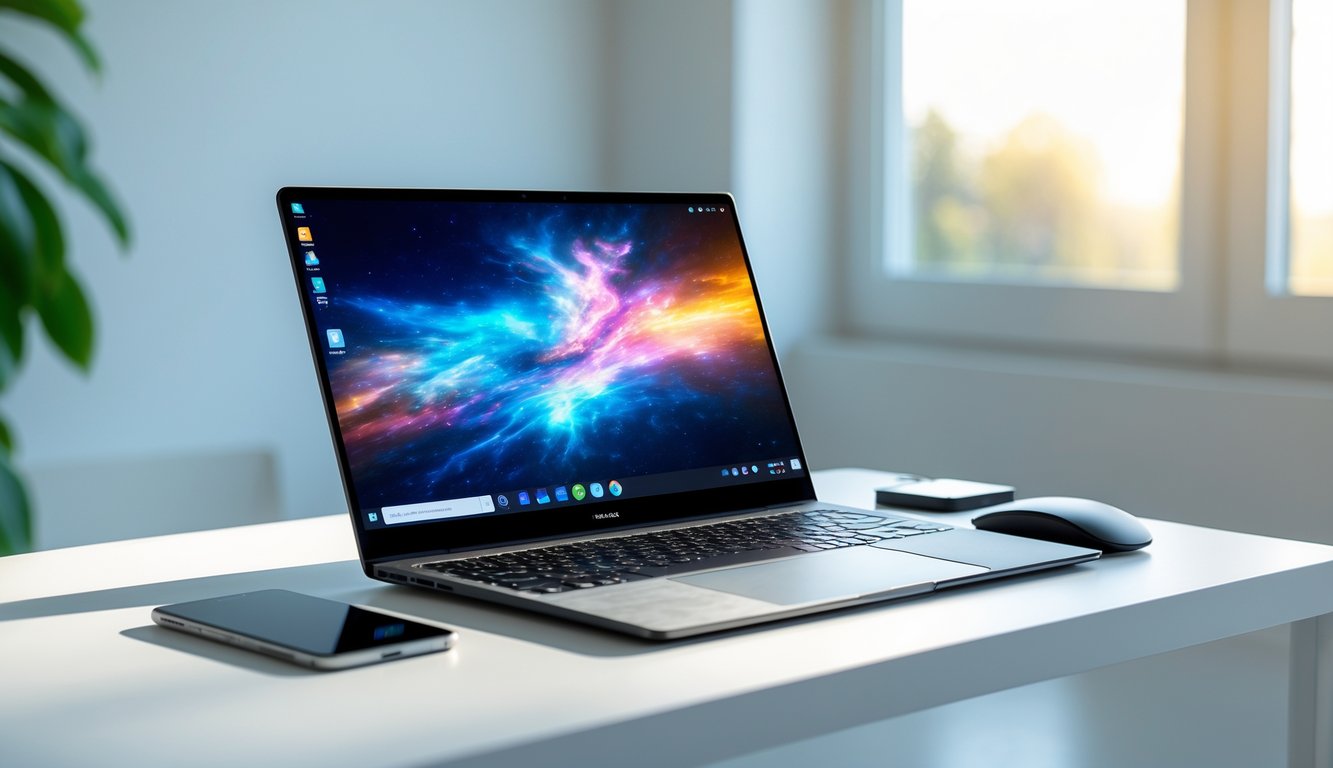 Laptop modern di meja kerja dengan pencahayaan alami dan perangkat pendukung di sekitarnya.