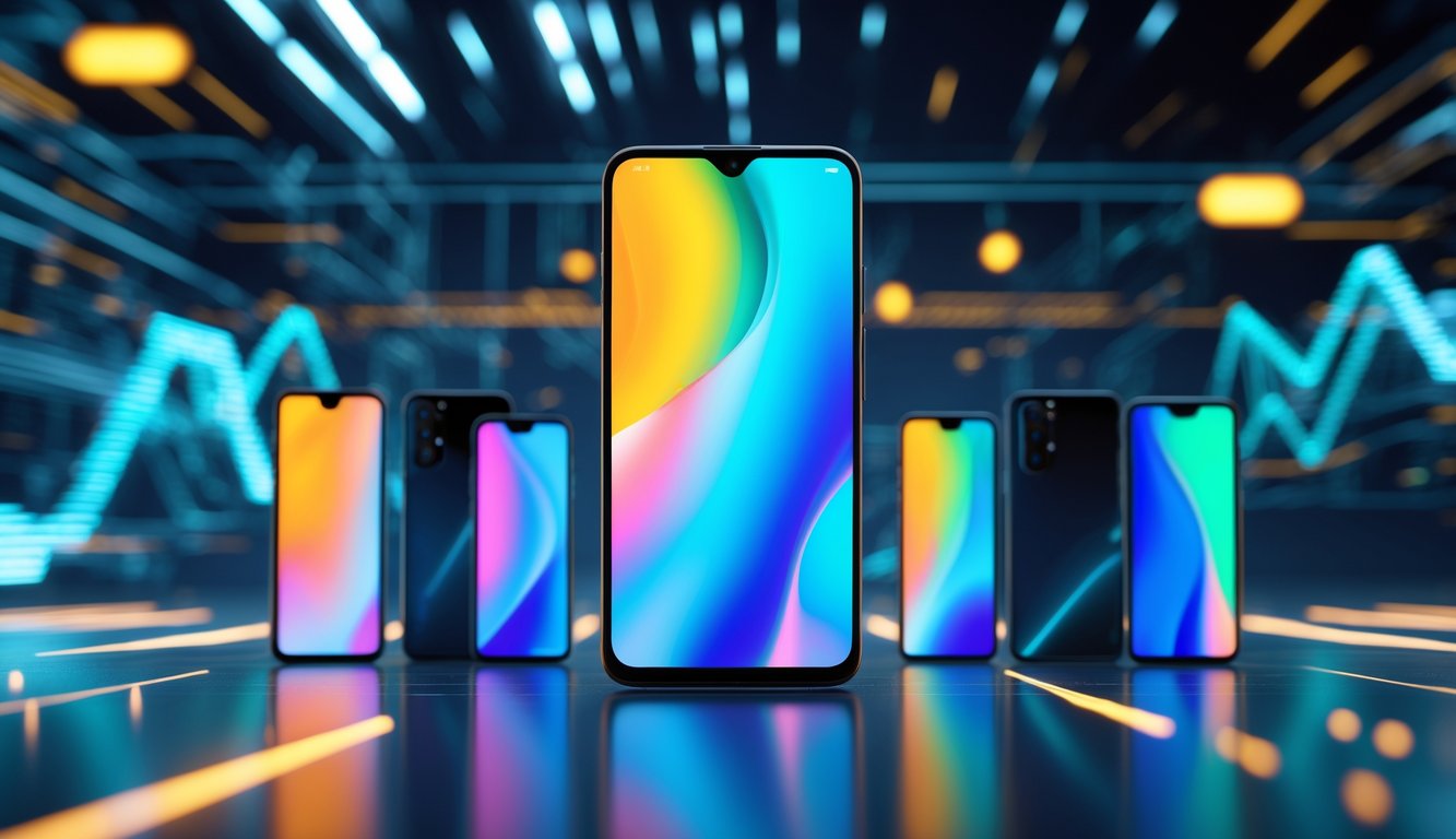 Beberapa ponsel pintar modern dengan latar belakang teknologi futuristik dan efek cahaya yang menunjukkan kecepatan dan performa tinggi.