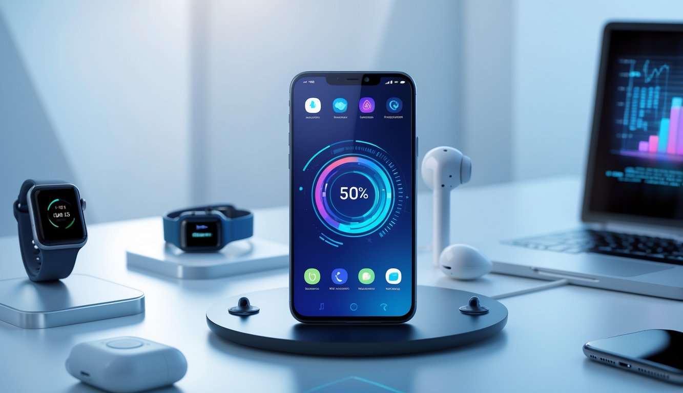 Smartphone modern dengan layar menyala di atas meja kerja minimalis, dikelilingi oleh earbud nirkabel, jam tangan pintar, dan laptop dengan proyeksi data holografik.