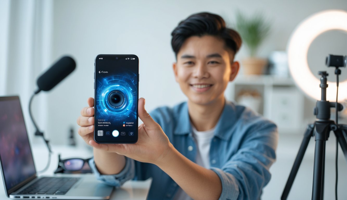 Seorang kreator konten muda memegang smartphone dengan layar menampilkan antarmuka kamera yang jelas di studio kreatif yang terang dan rapi.