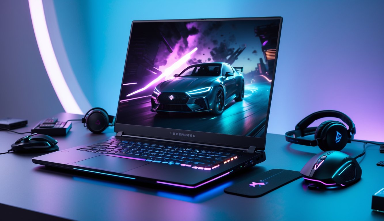 Sebuah laptop gaming modern dengan aksesori di meja, menampilkan suasana gaming yang canggih dan dinamis.