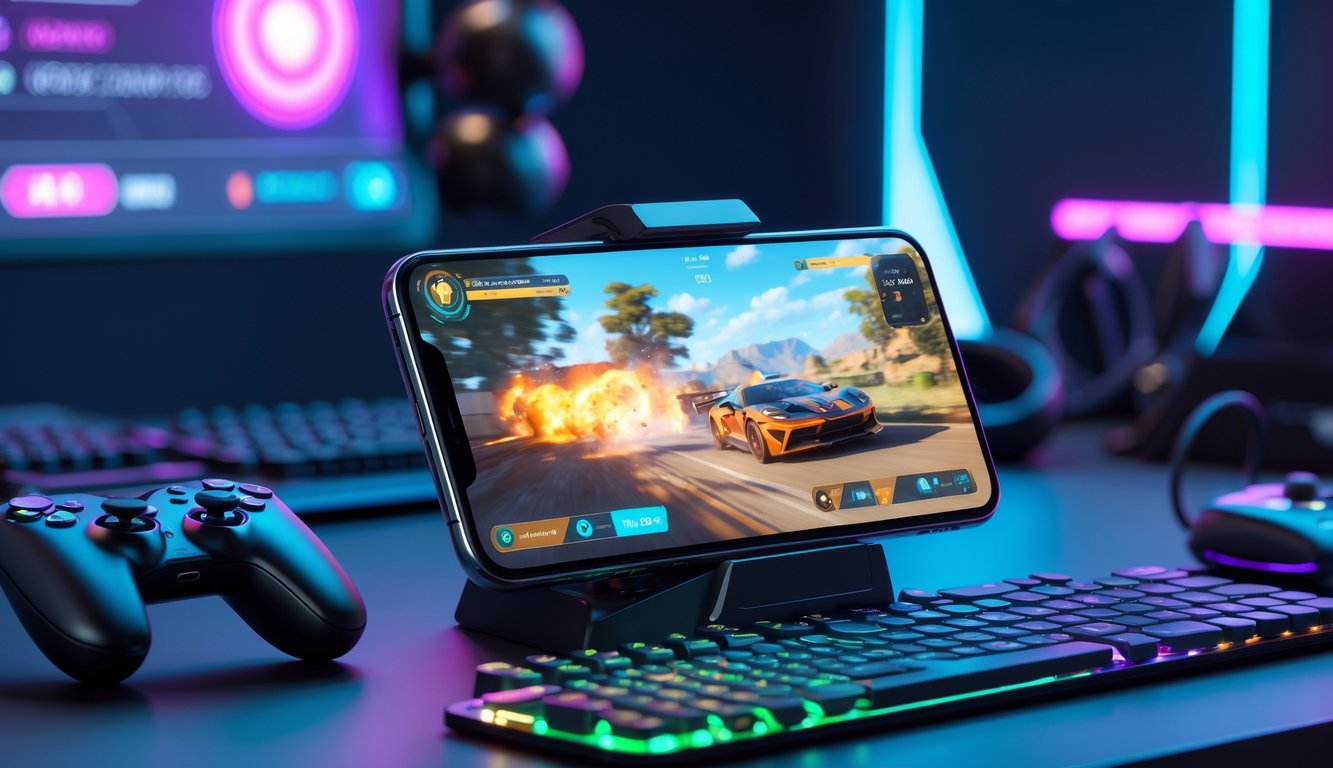 Sebuah setup gaming modern dengan smartphone gaming terjangkau yang menampilkan permainan aksi di layar, dikelilingi oleh aksesoris gaming di atas meja.