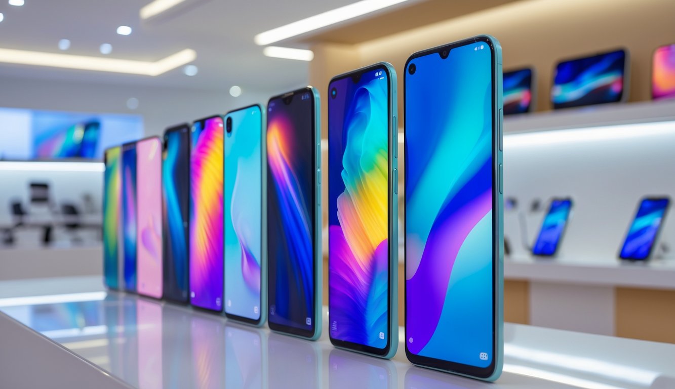 Deretan smartphone premium dengan desain elegan dipajang rapi di toko elektronik modern di Indonesia.