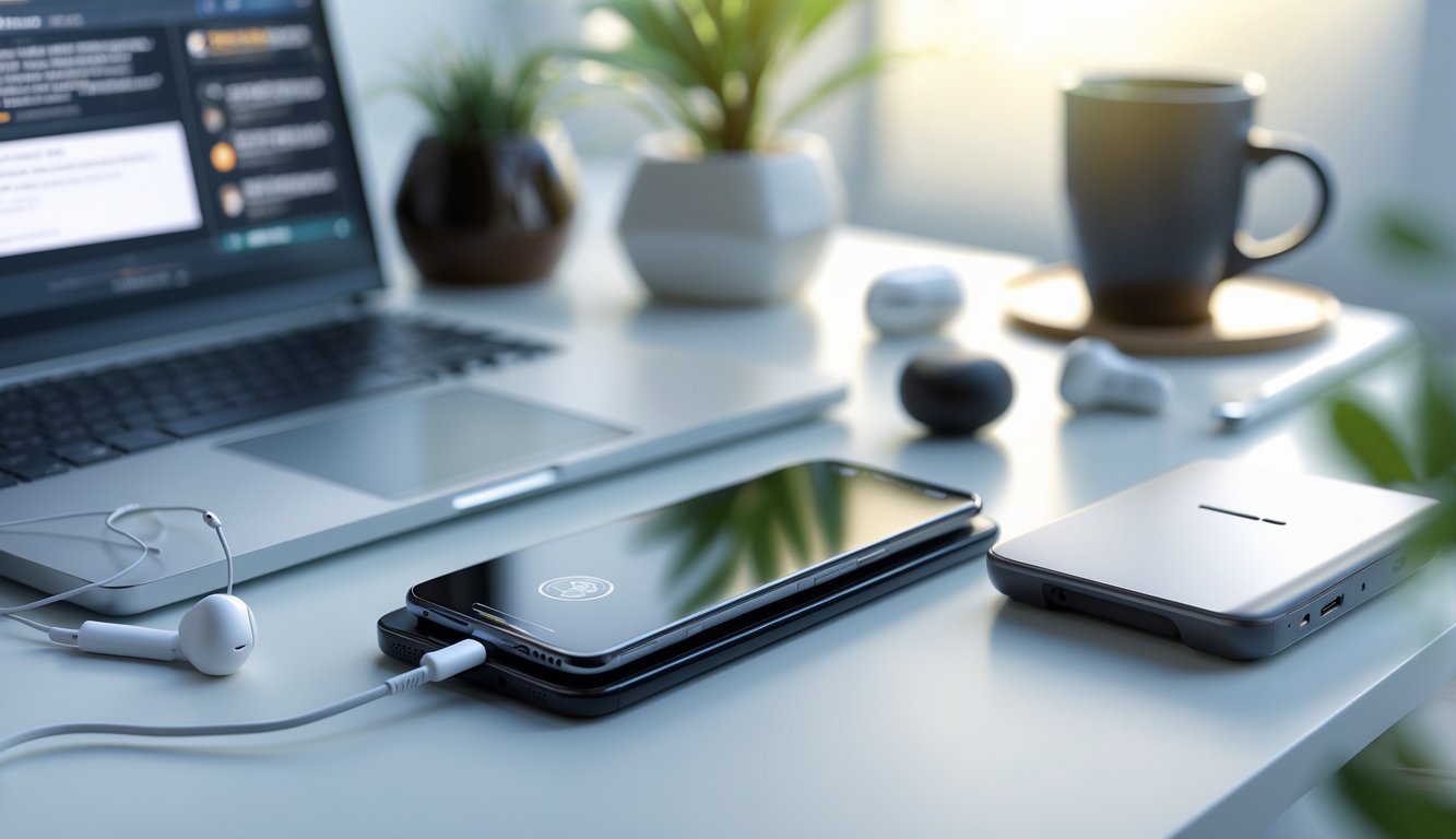 Sebuah meja kerja modern dengan smartphone terbaru, laptop, dan aksesori teknologi lainnya.