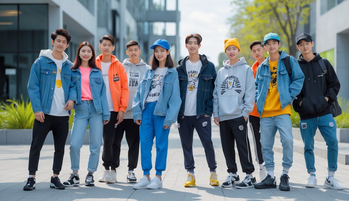 Sekelompok anak muda berpose di luar ruangan dengan pakaian kasual dan modis di latar perkotaan.