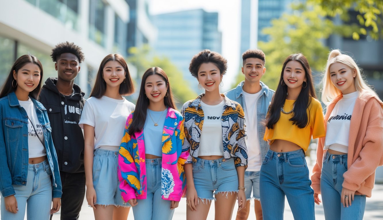 Sekelompok anak muda dengan berbagai gaya pakaian modis sedang berpose bersama di area perkotaan.